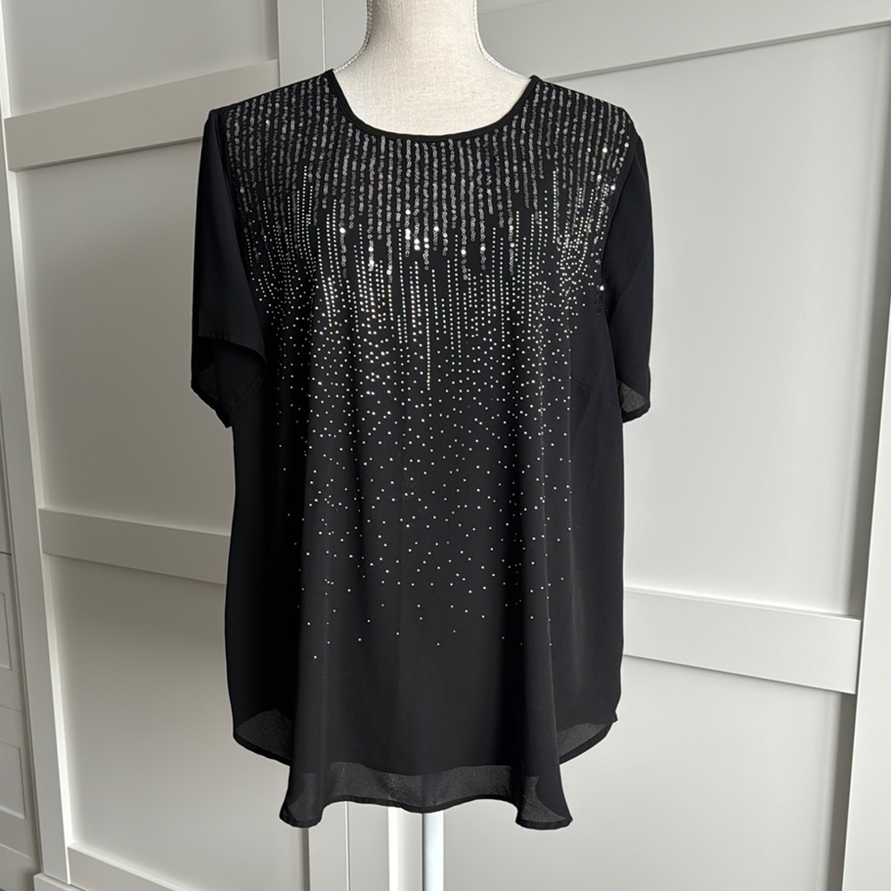 Torrid Black Sequin Abbey Blouse with Crew Neck and Short Sleeves